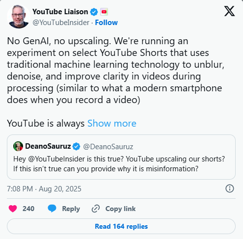 YouTube is under fire after secretly applying AI-powered enhancements to some creators Shorts without their consent, altering visuals with effects like over-sharpening and unnatural smoothing. The platform confirmed using traditional machine learning to improve clarity but failed to notify or offer opt-outs, sparking outrage over transparency and artistic control.